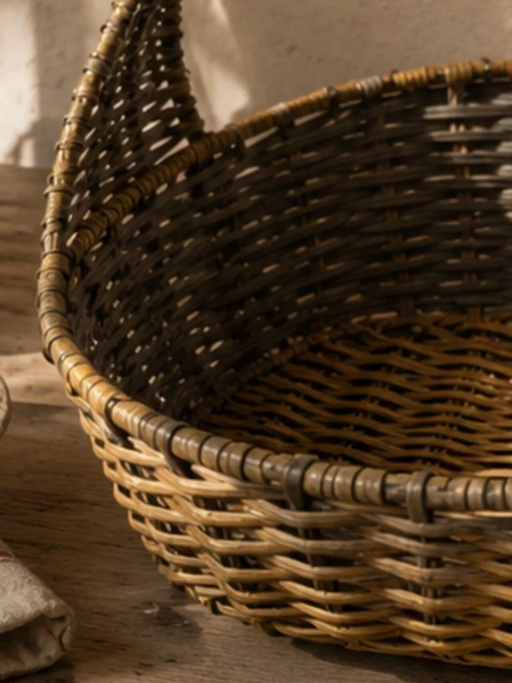 Vintage Woven Wicker & Metal Hanging Wall Basket with Sculptural Handle